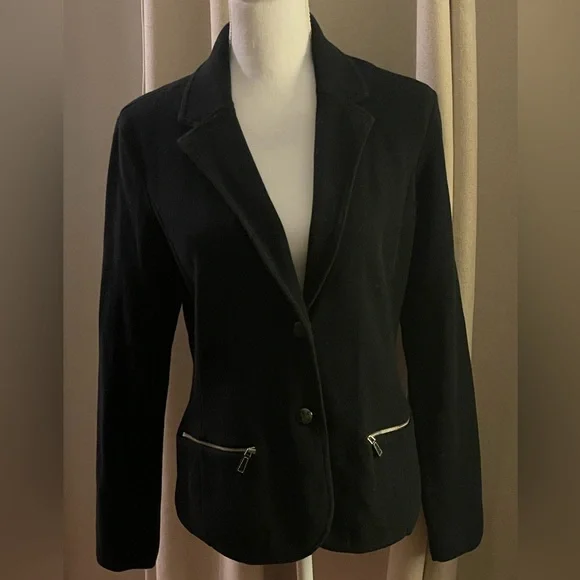 Lauren Ralph Lauren Women’s Navy Blazer Knit Cotton Size L Preppy Versatile - Picture 1 of 4